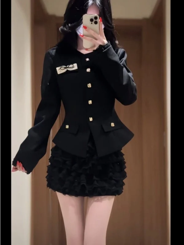 

Женский комплект Bla Slim Fit с узлом, маленький Fraance Sle, осенне-зимний костюм из двух предметов, корейская юбка-торт Faion