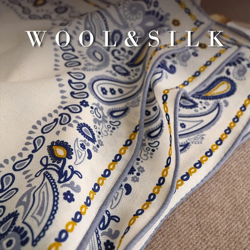 2027 Women Vintage Paisley Silk‑Wool Square Neck Scarf Boho Cream Blue Bandana Luxury Brands Women Neck Warmer