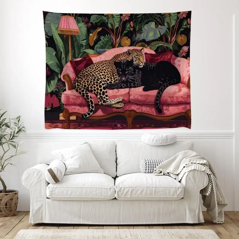 VIKAMA Jaguar Panther Pink Sofa Tropical Plant Wall Tapestry Wild Cat Pair Jungle Botanical Illustration Bedroom Living Room