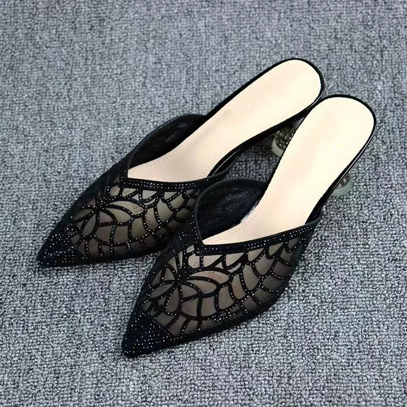 Spitzen Baotou Strass Halbe Hausschuhe Frauen Mesh Garn Mittleren Absätzen Schuhe Frauen Feinen Absätzen Äußere Tragen Spitze Alias De Mujer