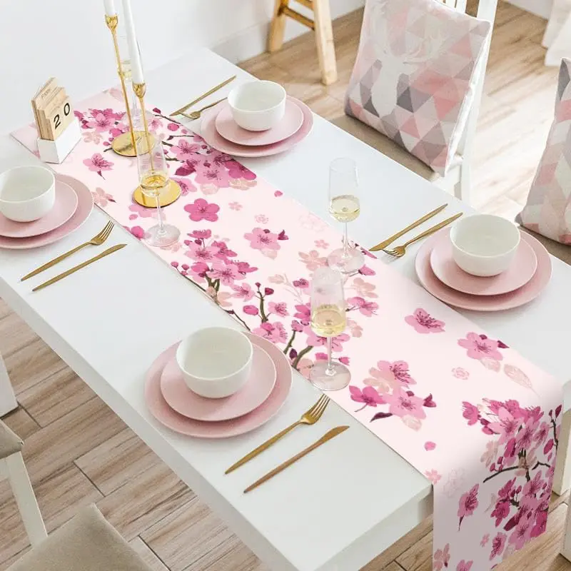 Spring Cherry Blossom Linen Table Runners Summer Farmhouse Wedding Party Decor Holiday Banquet Kitchen Dining Table Decorations