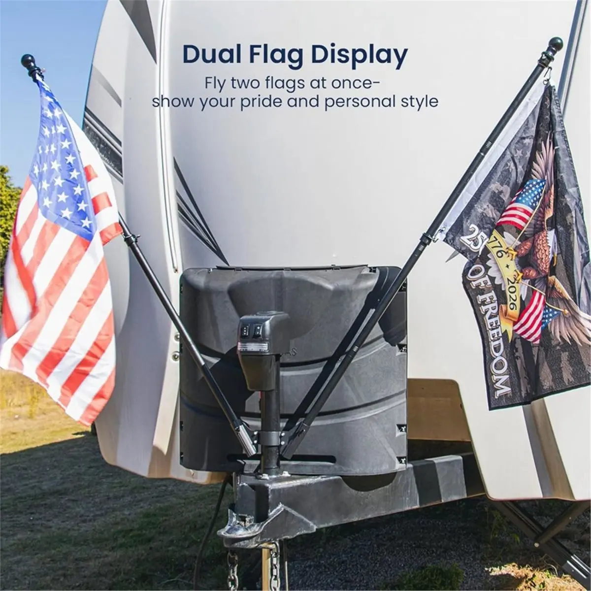 Home Tool RV Dual Flag Pole Mount for Trailer Tongue Jack, Aluminum with Wing Locking, for Flagpoles Up to 1''