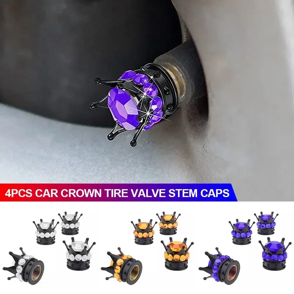 4 Pcs Crown Tire Valve Stem Caps Bling Crystal Rhinestone Universal Chrome Crown Vehicle Car Tire Caps Covers Autos Accesorios