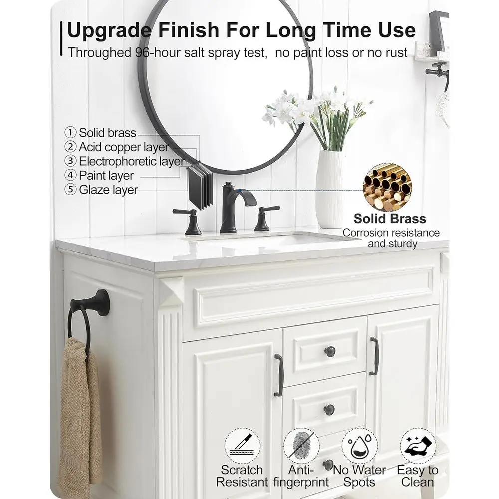 صنبور شلال نحاسي أسود غير لامع بثلاث فتحات، تركيبات حوض واسعة النطاق مقاس 4-16 بوصة مع خراطيم وصرف منبثق #3