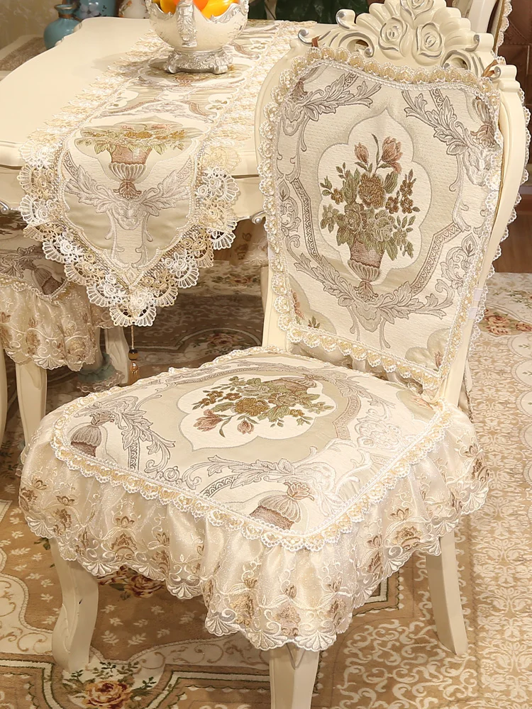 European Dining Chair Cover Home Decoration Anti-slip Lace Chair Cushion Cloth Jacquard Embroidery Chenille Chair Cover Kitchen