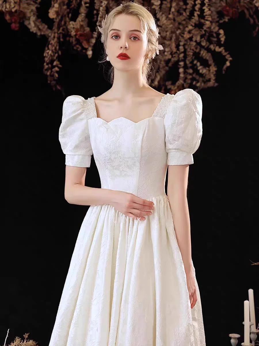 Simple White Wedding Long Dresses Women Vintage Puff Sleeve Beading A-Line Banquet Evening Party Dress Elegant Women Prom Gowns