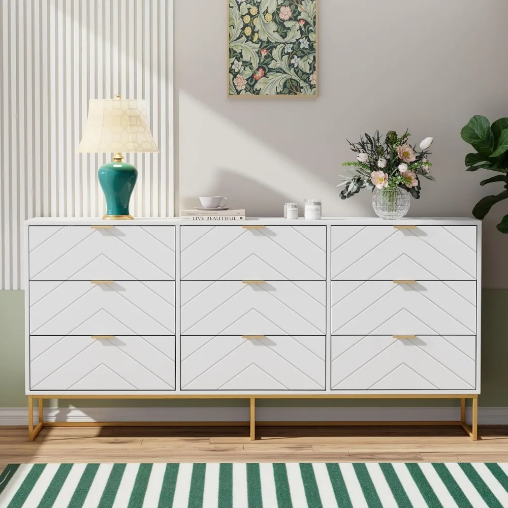 

Nine Drawer Dresser with Gold Handles Modern Wooden Chest Closet Organizer White
