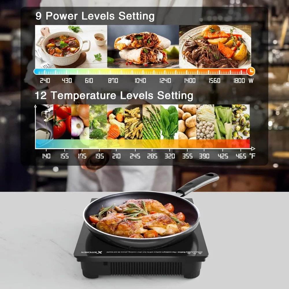Portable Induction Cooktop 1800W Induction Burner with 12 Temp levels, 9 Power levels, Lock, 3 Hour Timer, Warm Function
