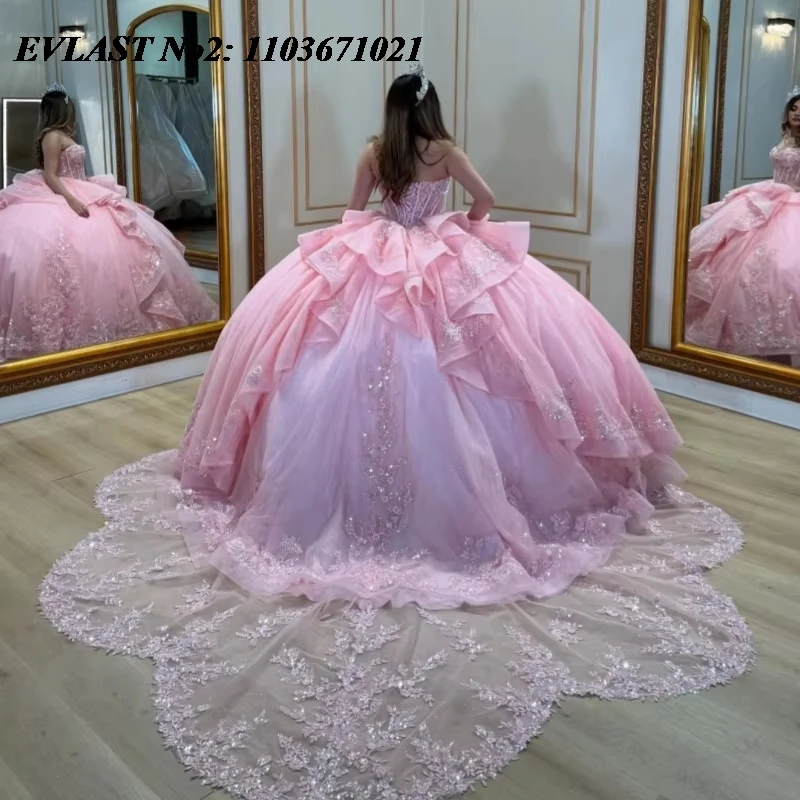 EVLAST – robe De Quinceanera rose scintillante, personnalisée, robe De bal, avec des appliques florales, des perles à plusieurs niveaux, douce 16, 15 ans, E2QA35