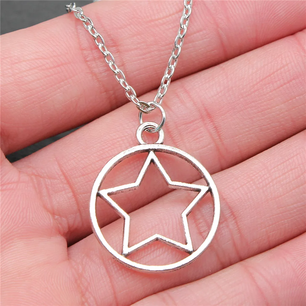 Dropshipping Antique Silver Color 28x24mm Round Hollow Star Pendant Necklace For Women