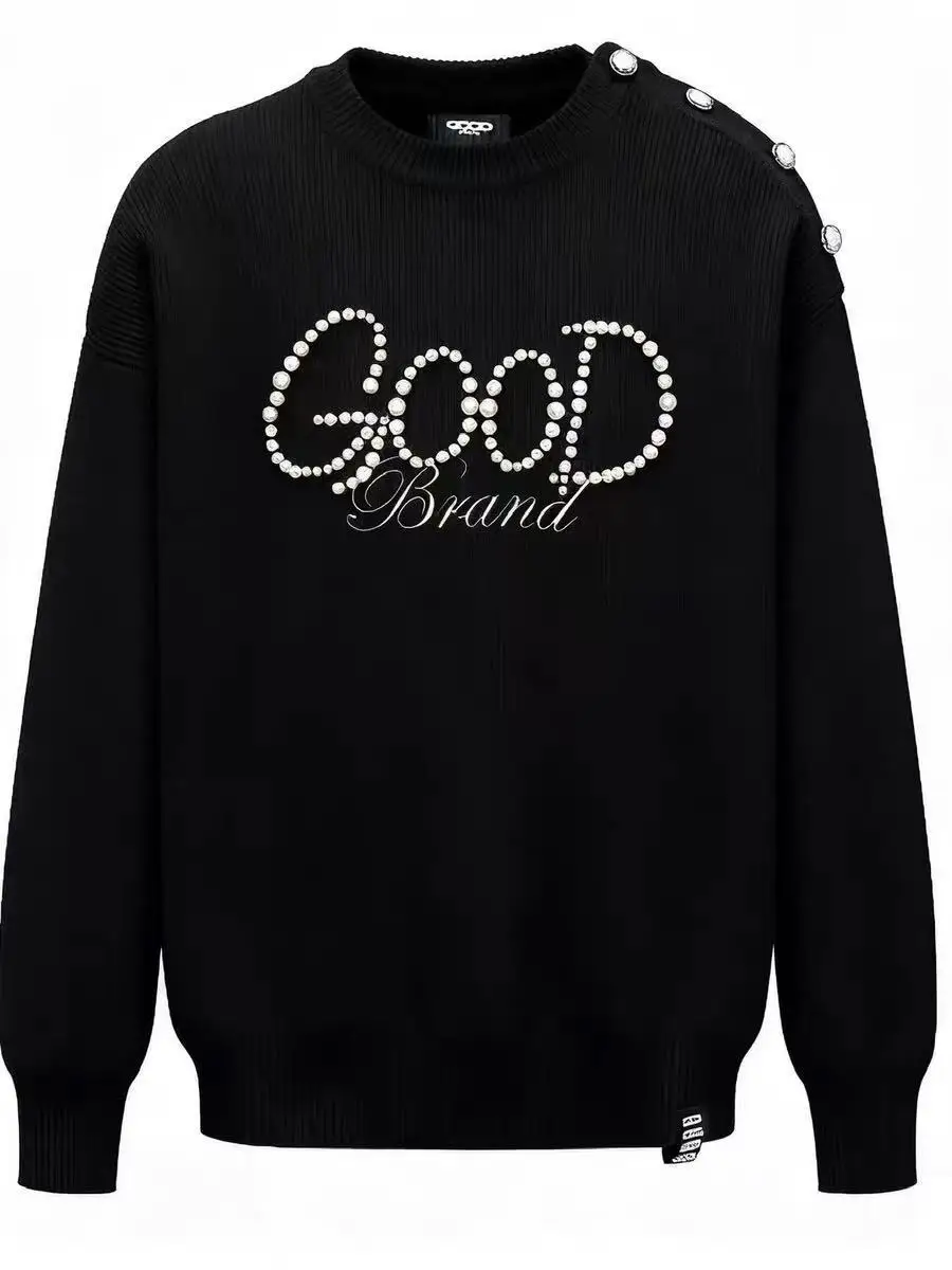 

Свитер Goodbrand с жемчужным декором, свободный крой, круглый вырез, вязаный, для пар, удлиненный рукав, для повседневной носки, из полиэфирного волокна