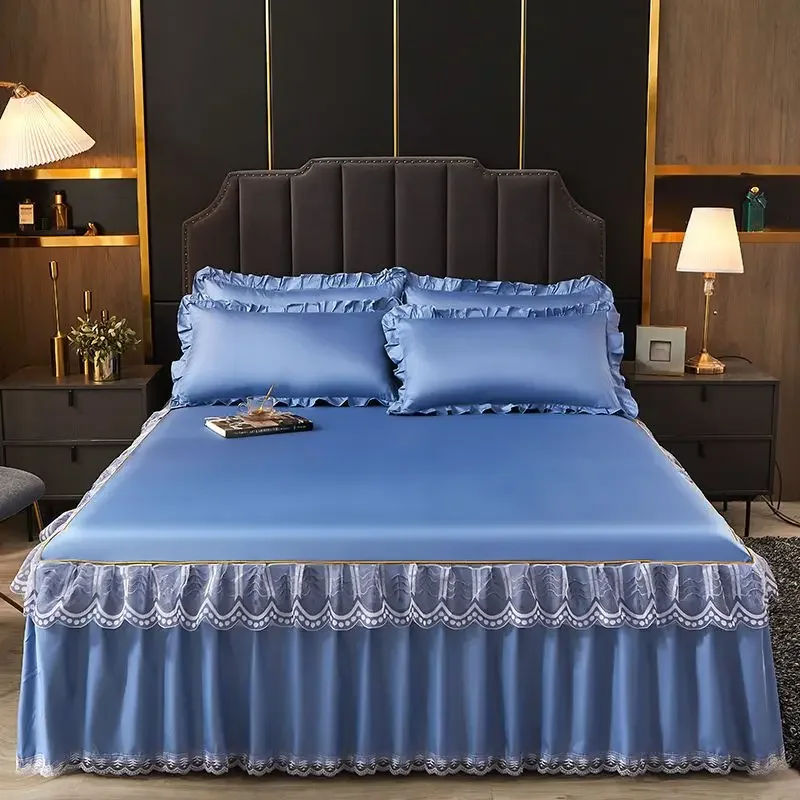 WASART Luxury lace bed skirt summer bedspread solid satin rayon bed linen couple bedding single double queen king size bed sheet