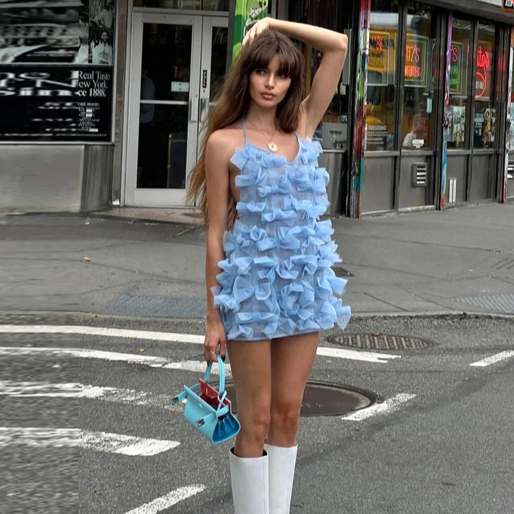 

Lovely Short Party Dresses Sky Blue Handmade Bows Short Women Cocktail Birthday Dress Spaghetti Straps Cute Dance Gowns