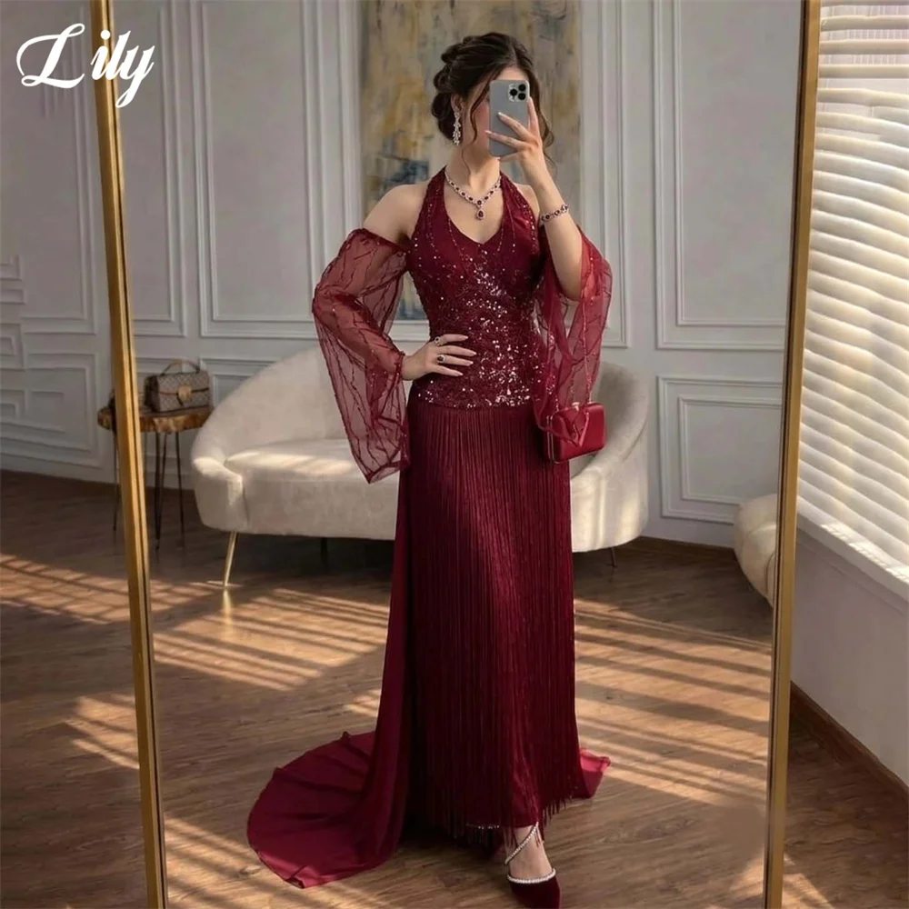 Lily Wine Red Party Dress Halter Sequin Mermaid Evening Dress with Tassel فساتين السهرة Long Sleeve Dress for Wedding Customized