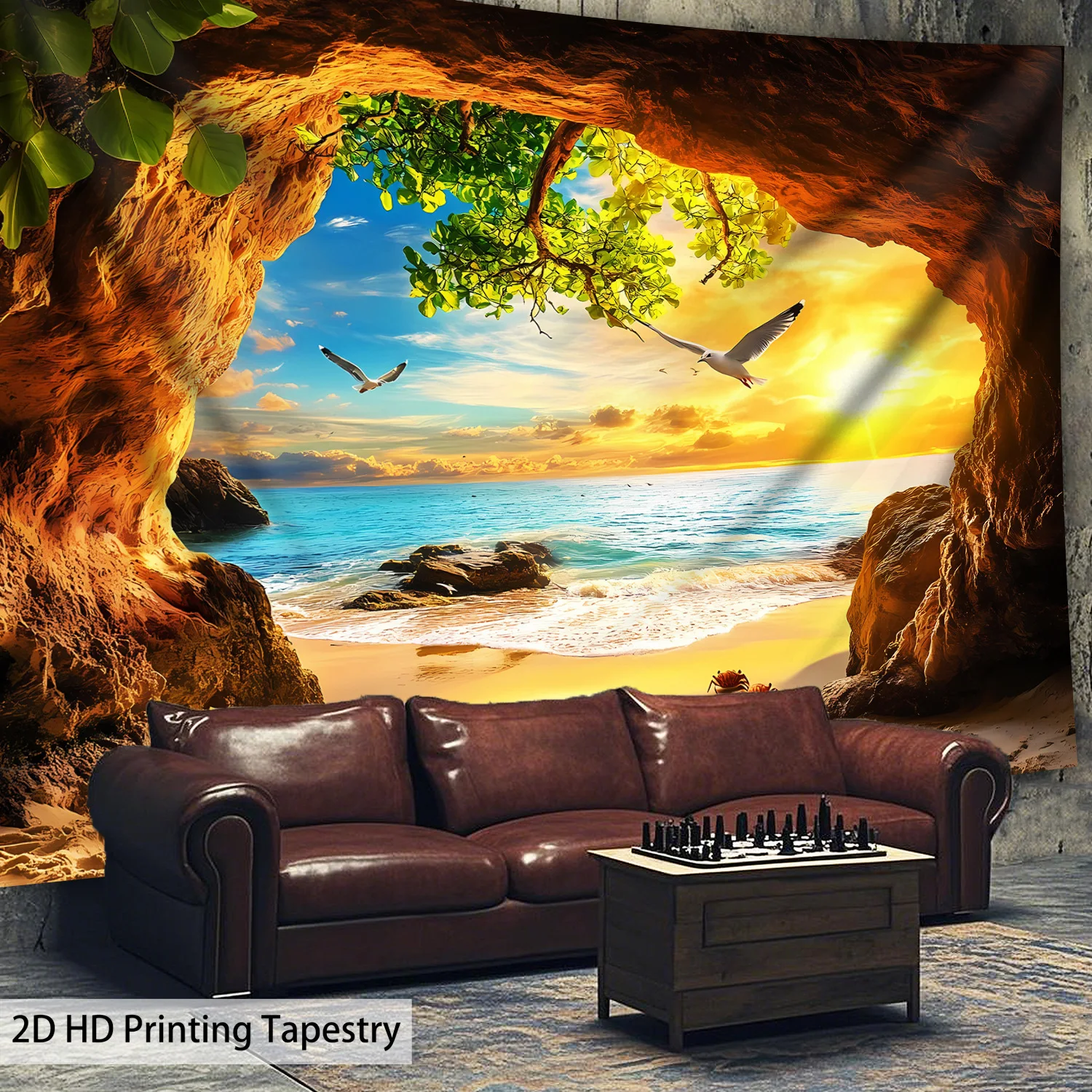 Sunset Beach Cave View Ocean Waves Seagulls Tropical Paradise Wall Tapestry Home Decor Living Room Art Print Interior Design