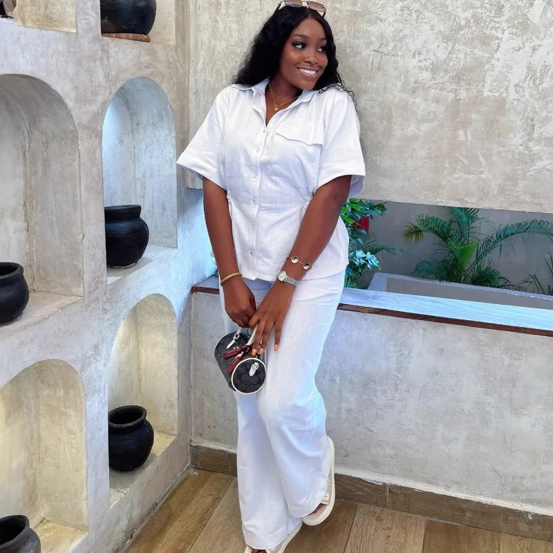 Chic White Two Piece Pants Set for Women Drawstring Blouse High Waist Flared Trousers Summer African Vacation Streetwear Outfit