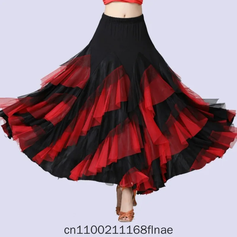 New Splicing Mesh Contrasting Color National Standard Social Modern Dance Dress Waltz Table Performance Costume for Women