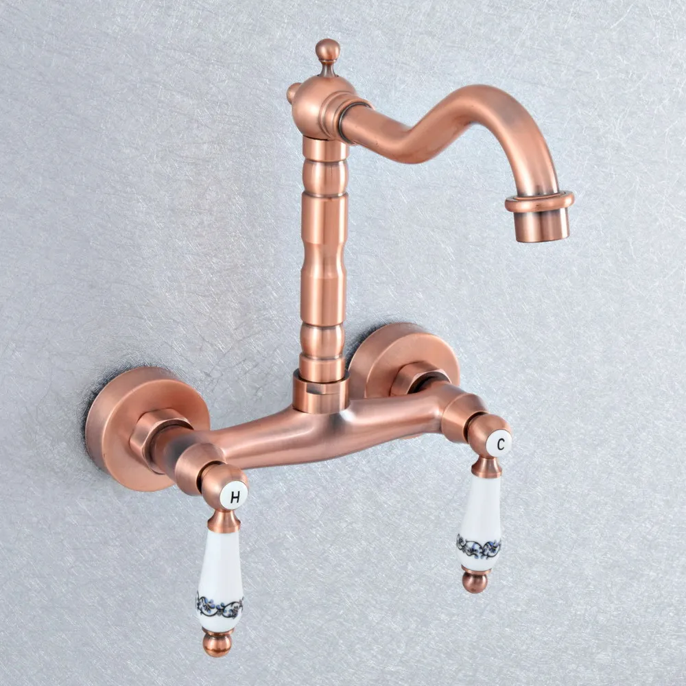 

Antique Red Copper Brass Wall Mounted Kitchen Wet Bar Bathroom Vessel Basin Sink Hot Cold Mixer Tap Swivel Spout Faucet msf905