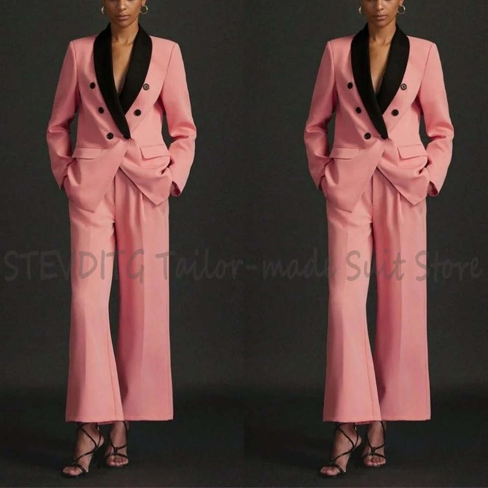 Elegant Shawl Lapel Women Suits Straight Office Lady Double Breasted Formal Classic Matching Set Two Pieces High Quality