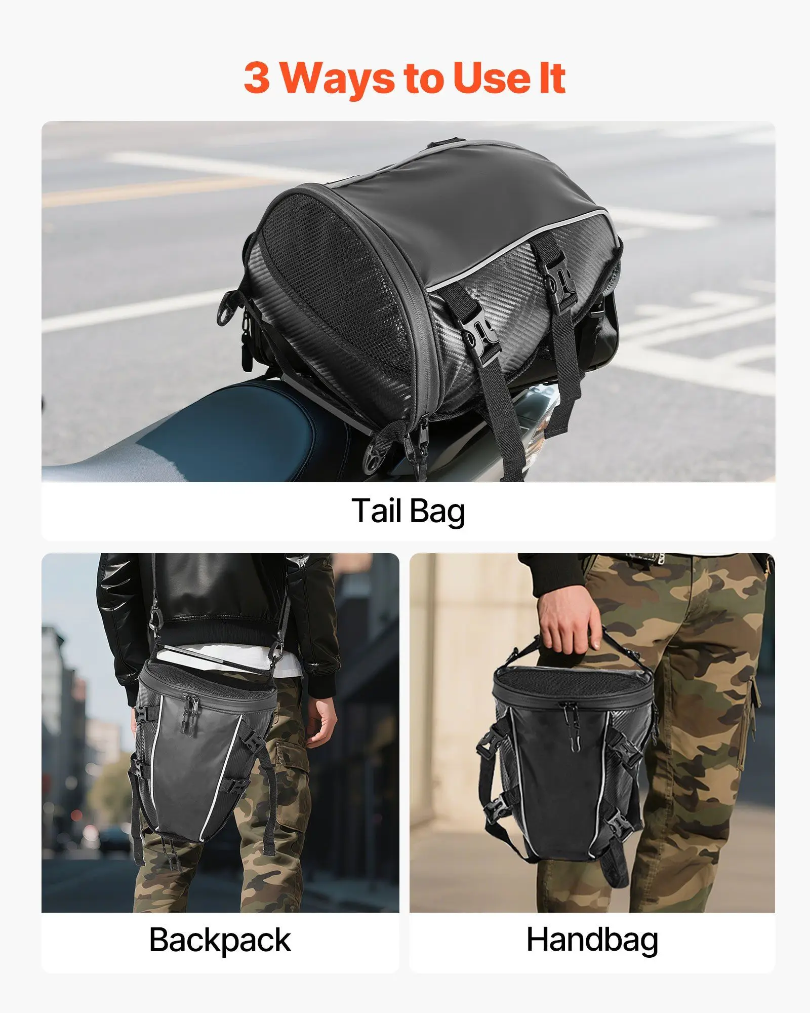 10L オートバイテールバッグ 防水レインカバーとショルダーストラップ付き 後部座席荷物収納トランクラック バックパック ハンドバッグ