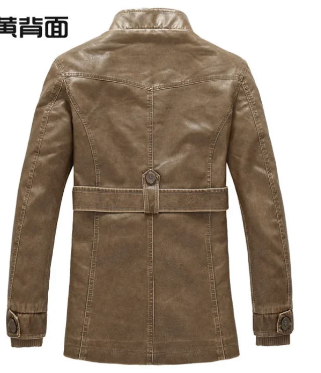 MotorcycleJacket Men\'s Zipper Slim Fit PU Leather Jacket WinterThickened LongJacket GenuineLeather Jacket Plush Adjustable Waist