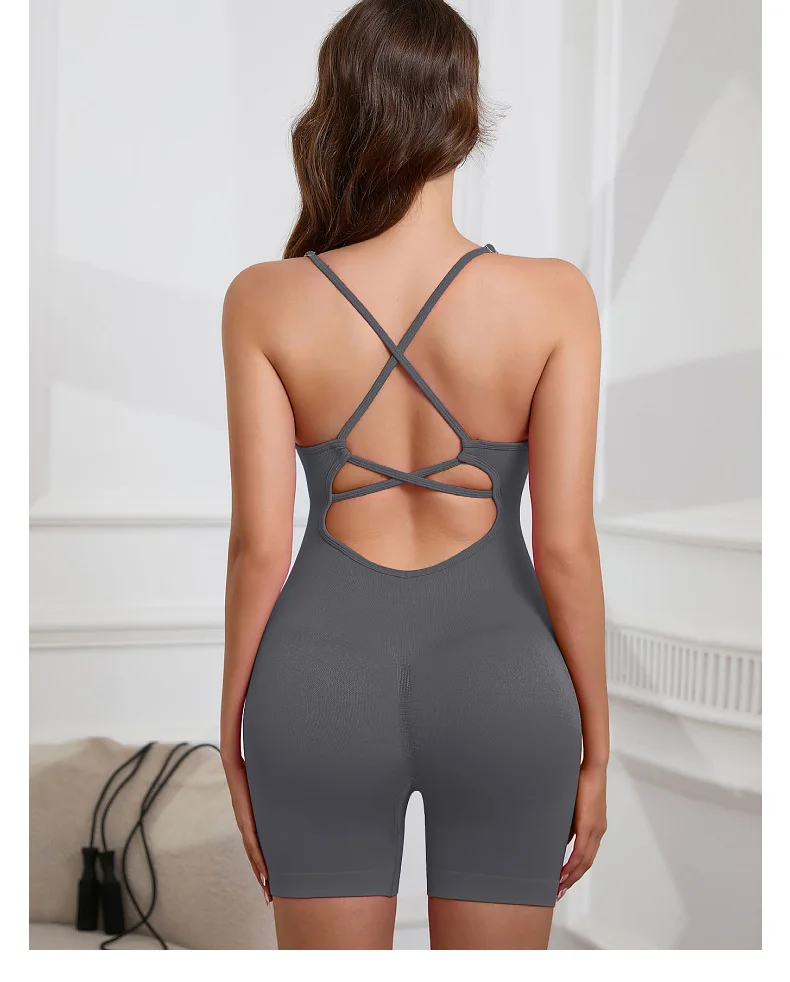 Sexy nahtloser pfirsichfarbener Hüft-Yoga-Overall – schnell trocknender, dehnbarer Strickstoff, abnehmbare Polster, gestreiftes Design, schmale Passform für Frauen – Detail 8