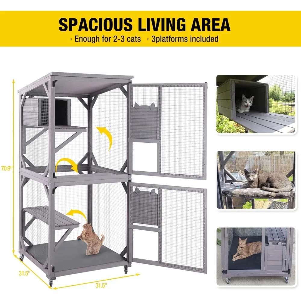 Cat Catio Outdoor Enclosure, Large Wooden Run on Wheels, Waterproof Roof