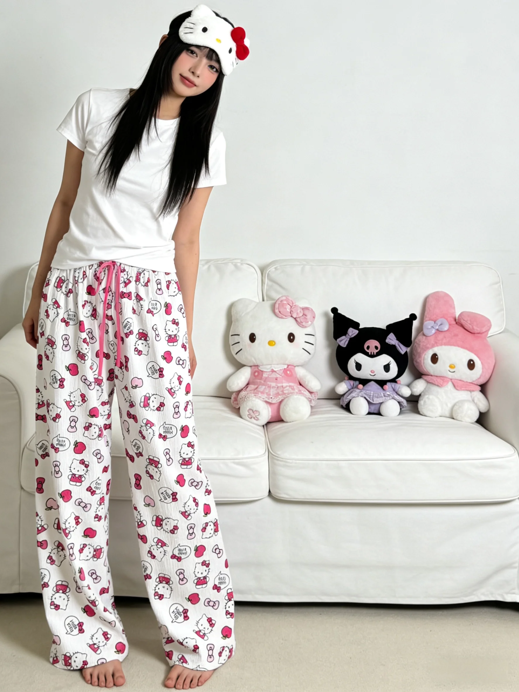 

Белые домашние брюки Hello Kitty, новые весенние и летние прогулочные брюки на шнурке, праздничные подарки, наряды для вечеринок.