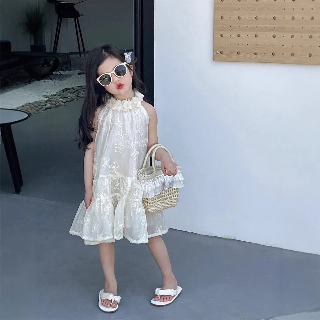 Girl Skirt 2026 Summer New Childrens Clothing Korean Style Girl Baby Hanging Neck Petal Collar Sleeved Embroidery Dress