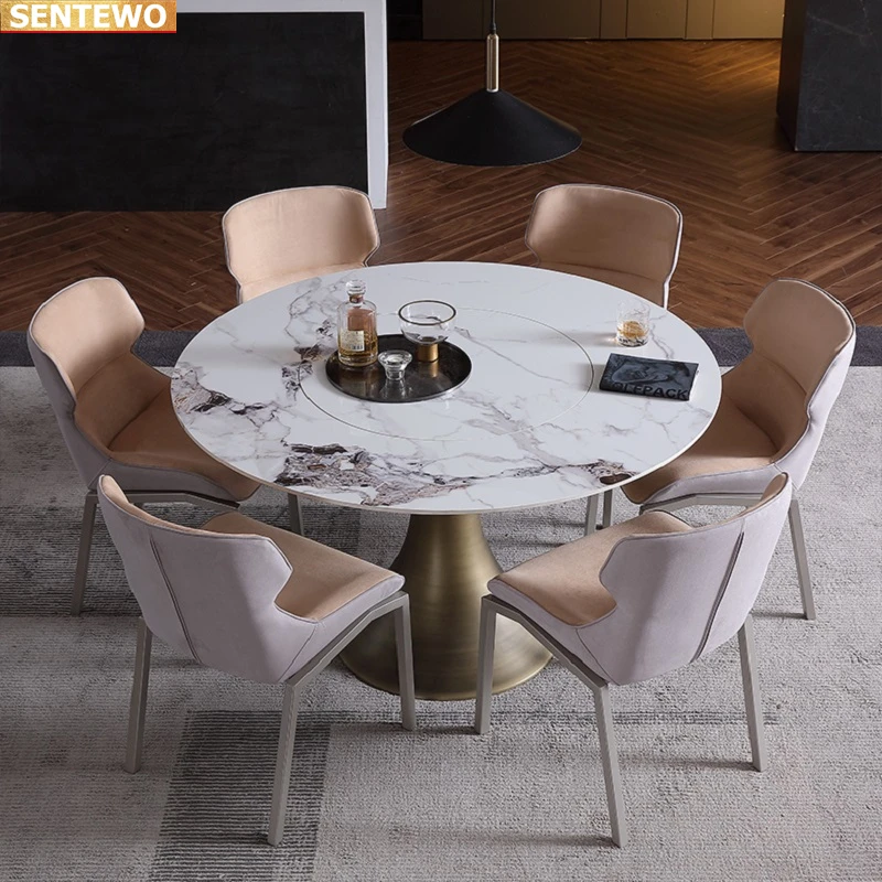 Designer Luxury round kitchen Marble Rock Slab dining table set 8 chairs mesa comedor furniture marbre Stainless steel gold base