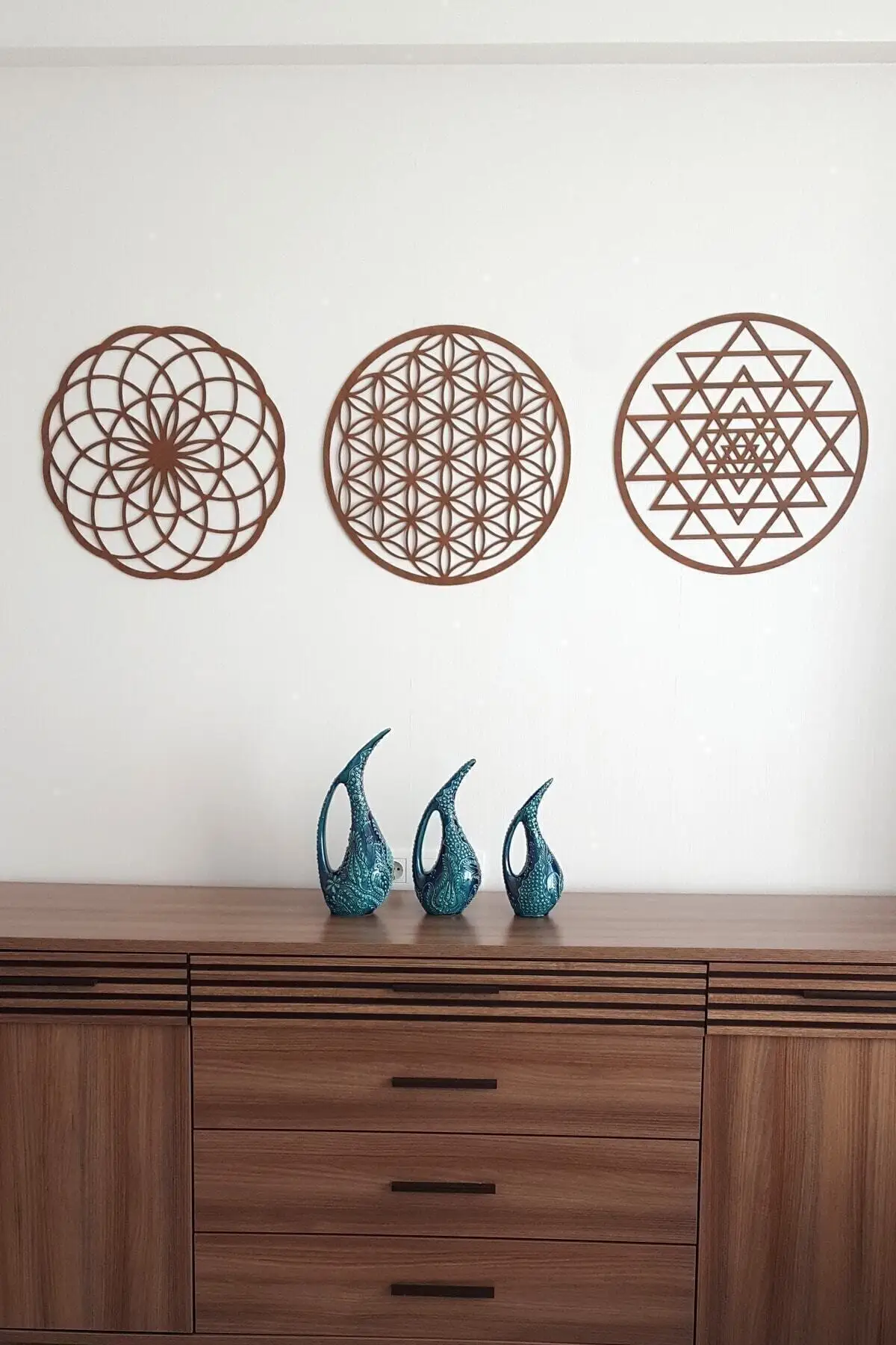 Flower of life Sri Yantra And Torus Set Brown Wall Table 3'lü