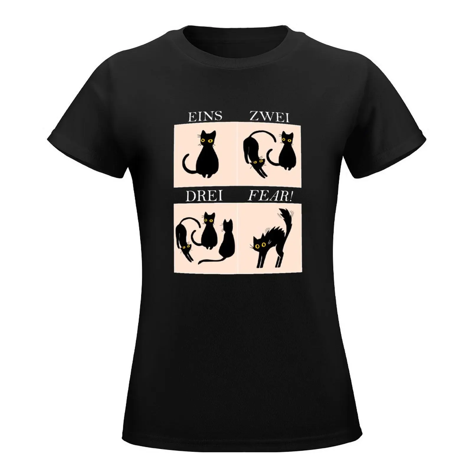 Aprendendo alemão medo t-shirt para mulheres, Eins, Zwei, Drei - Cat Fear, fundo escuro, camisetas gráficas, roupas fofas