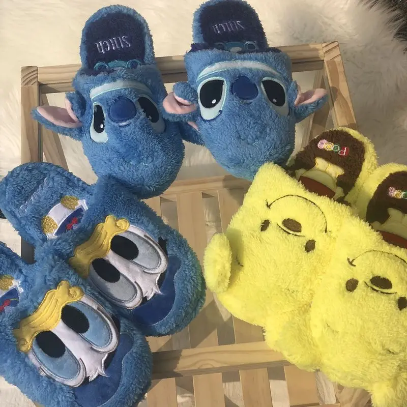 Lilo and Stitch Disney Plush Slippers Kawaii Cartoon Anime Winnie The Pooh Accessories Home Bottom Plate Casual Cotton Slippers