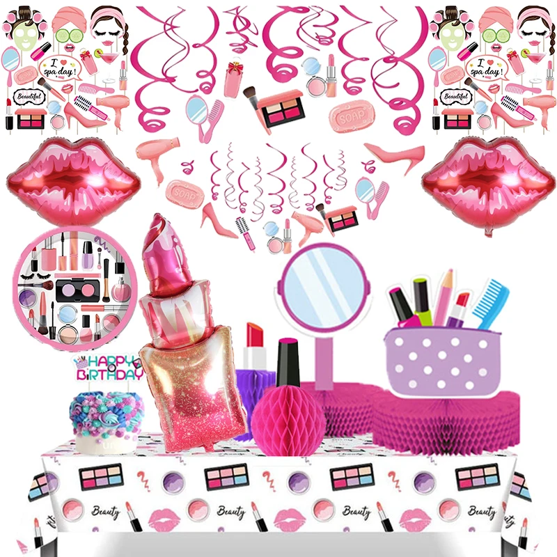 Fournitures de fête de maquillage Spa, vaisselle jetable cosmétique, assiettes, tasses, serviettes, ballons pour filles et femmes, décoration de fête d'anniversaire