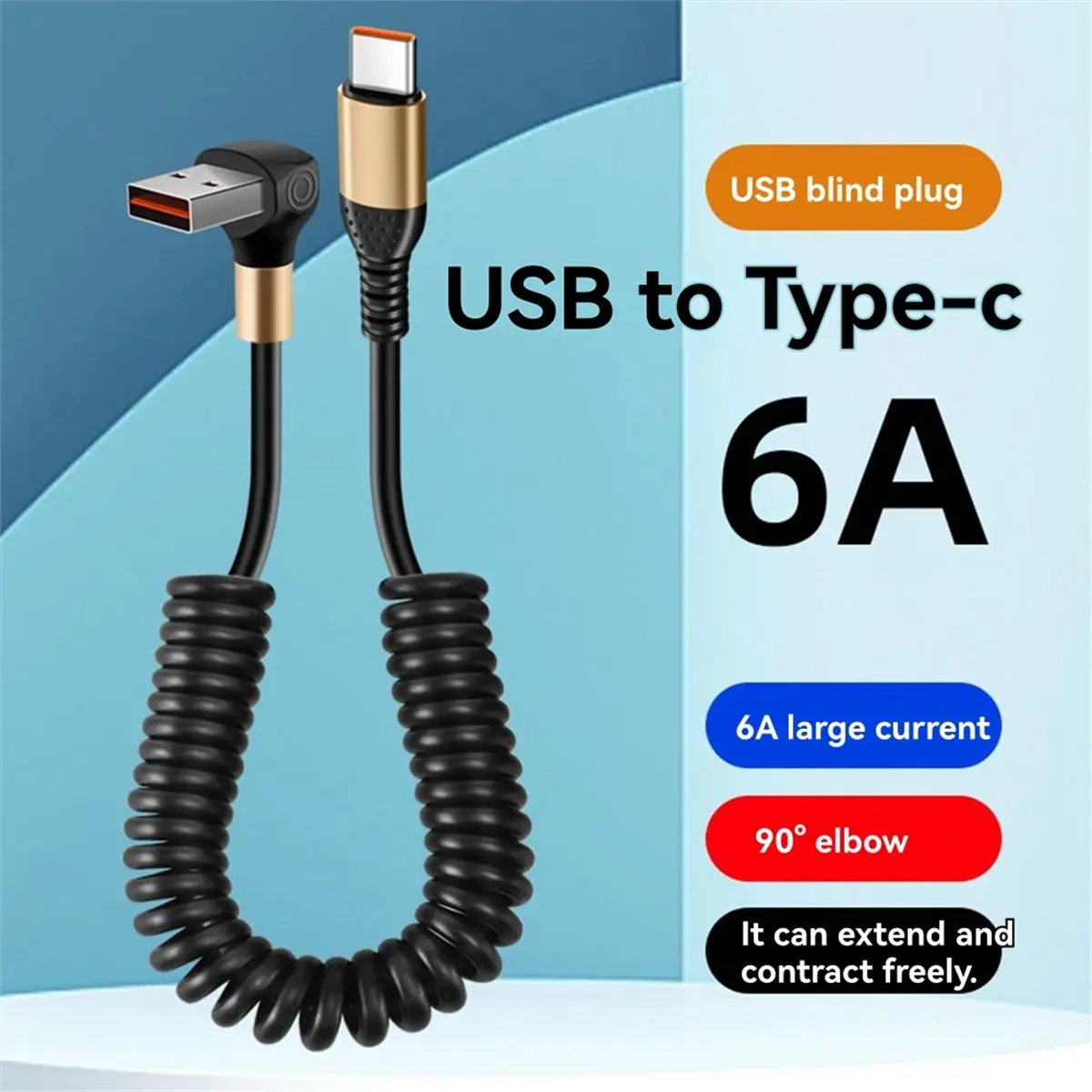 AS62 90 Degree Spring USB Type C Cable 6A Fast Charging Type-C Cord for Iphone 15 16 Samsung Huawei USB C Cable