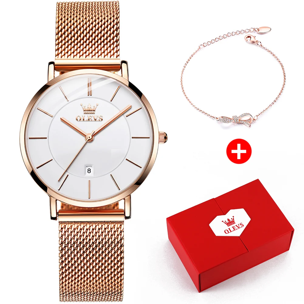 OLEVS-Montre à Quartz Étanche pour Femme, Acier Inoxydable, Or Rose, Coffret Cadeau, Luxe