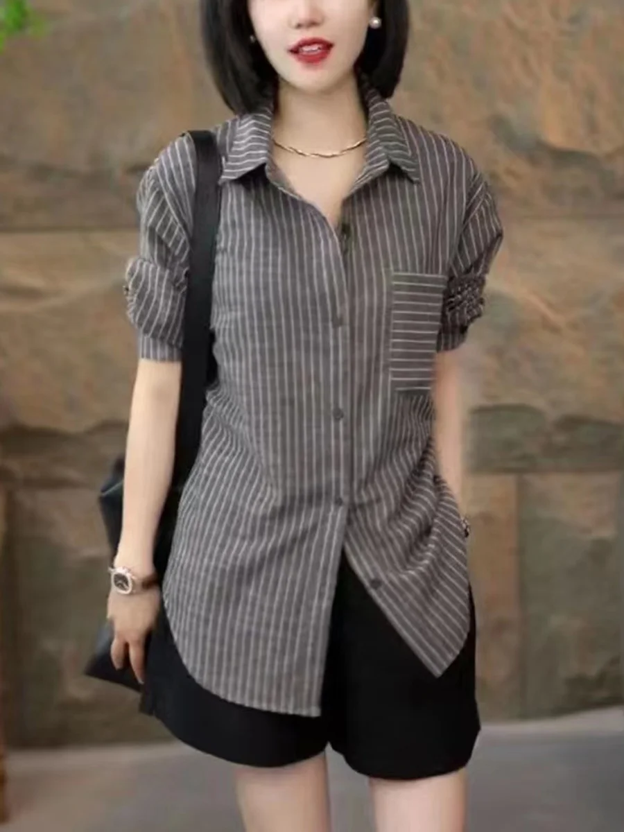 

Faionable Striped Women's irt Casual Commute Sle Spring 2024 Long Sve Collar Mid-Length Premium Feel Top