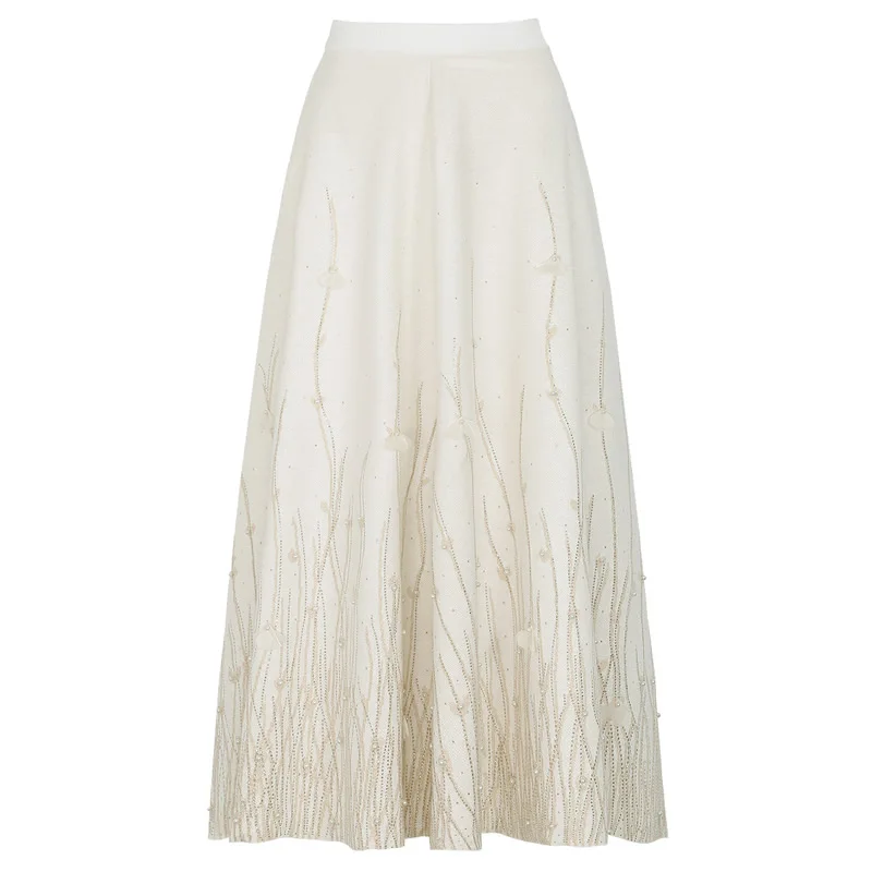 High Quality Women A-Line Skirt Peal Beading Skirt Office Lady's Skirt