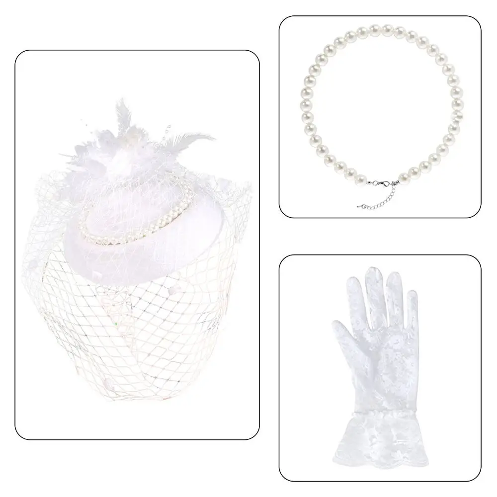 Женская шляпа с вуалью и перьями, погребальные шляпы для женщин, кружевные перчатки, жемчужное ожерелье, головные уборы Дерби для женщин, цвет бежевый, белый головной убор