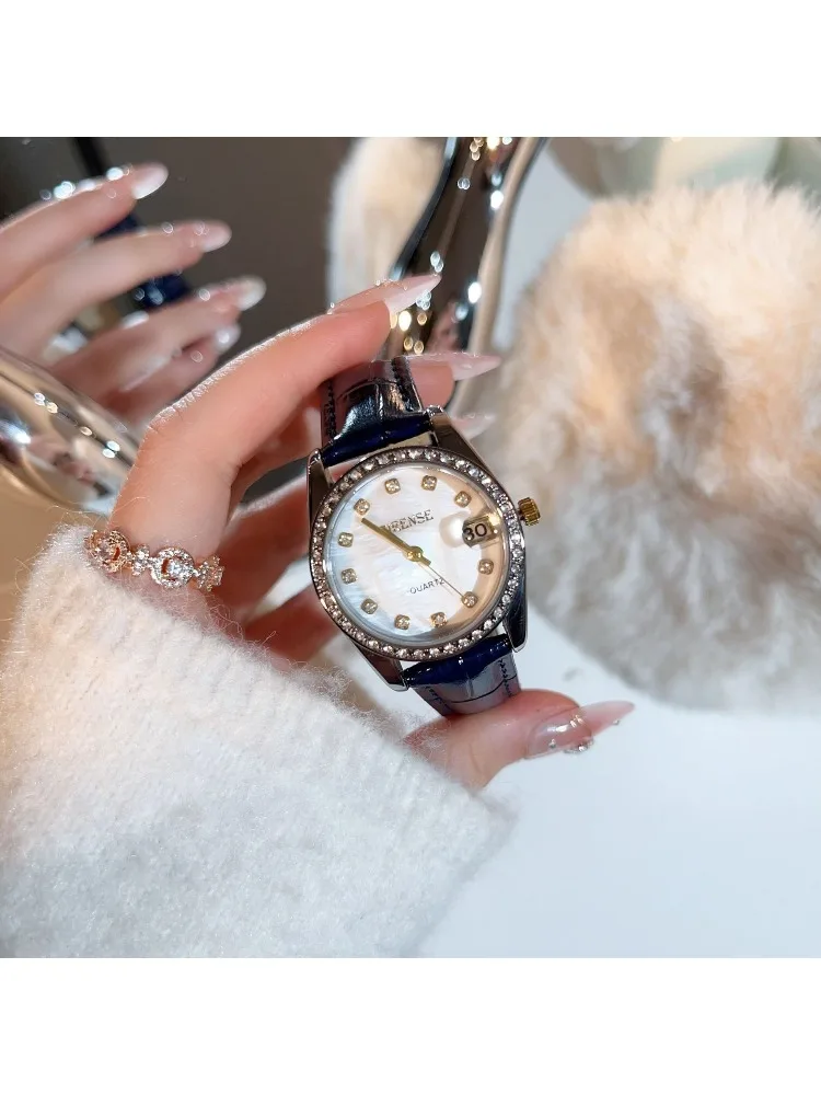 ساعة كوارتز نسائية جلدية عالية القيمة مرصعة بالألماس مع ساعة تقويمية