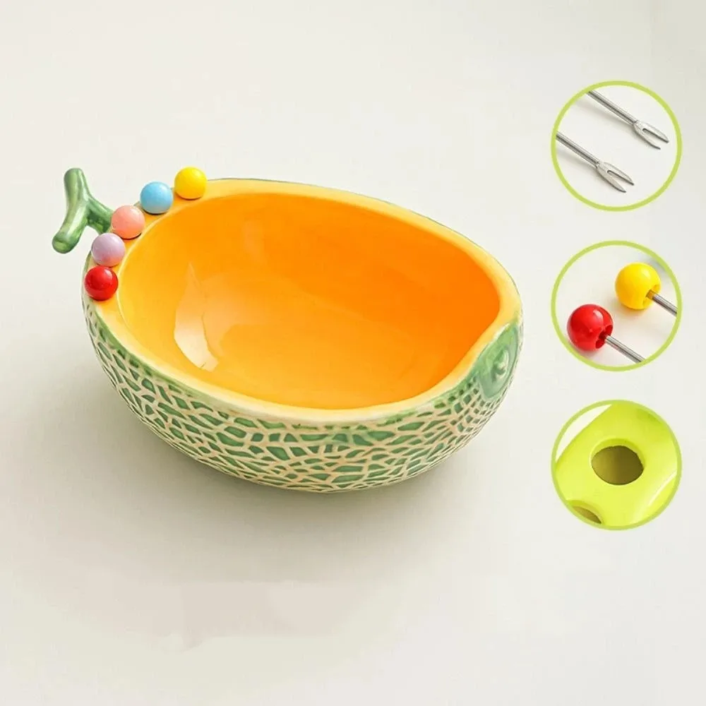 Ceramics Fruit Bowl with Fork Large Capacity with 6 Fruit Fork Fruit Serving Plate Ceramic Jar Hami Melon Shape