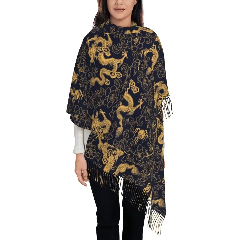 الصينية التقليدية الذهبي التنين وشاح شرابة الأوشحة النساء شالات دافئة لينة ويلتف كبير الخريف الشتاء شال التفاف #3