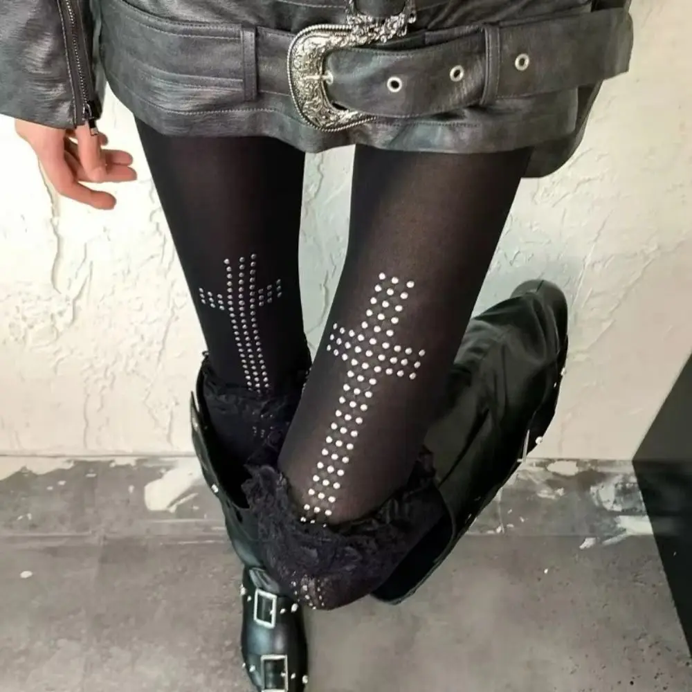 

Vintage Rhinestone Cross Tights Pants Elastic Soft Women's Leggings Retro 2000s Y2K Pantyhose Women