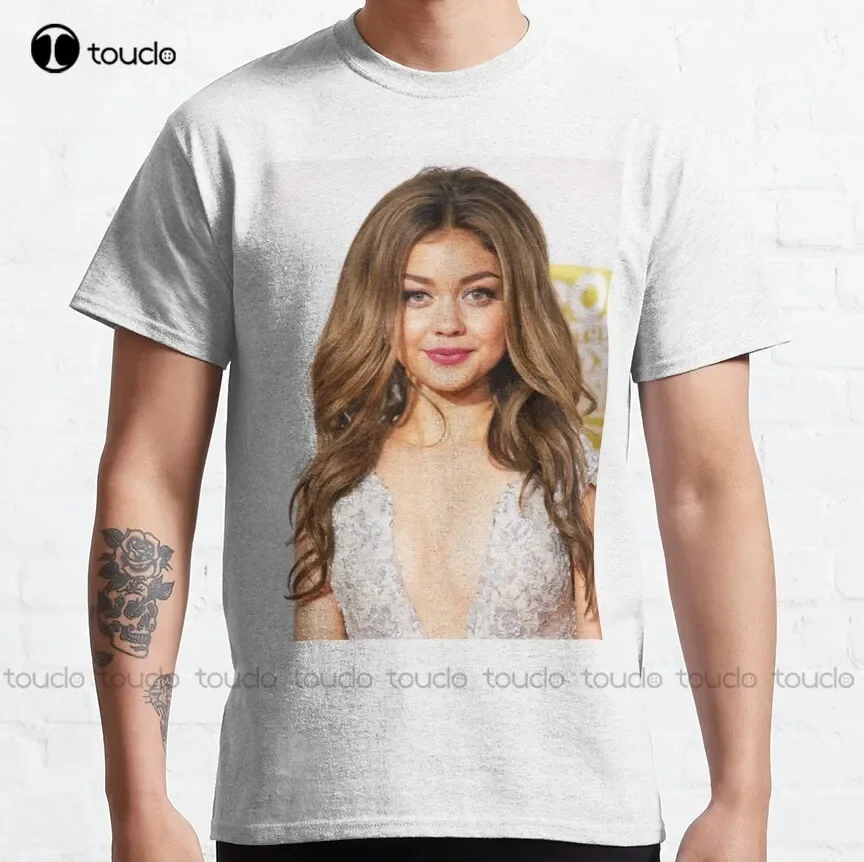 Camiseta clásica con cerraduras rizadas y partidas del centro de Sarah Hyland, camisas de Sarah Hyland para hombres con diseños Xs-5Xl, regalo personalizado, nuevo y Popular