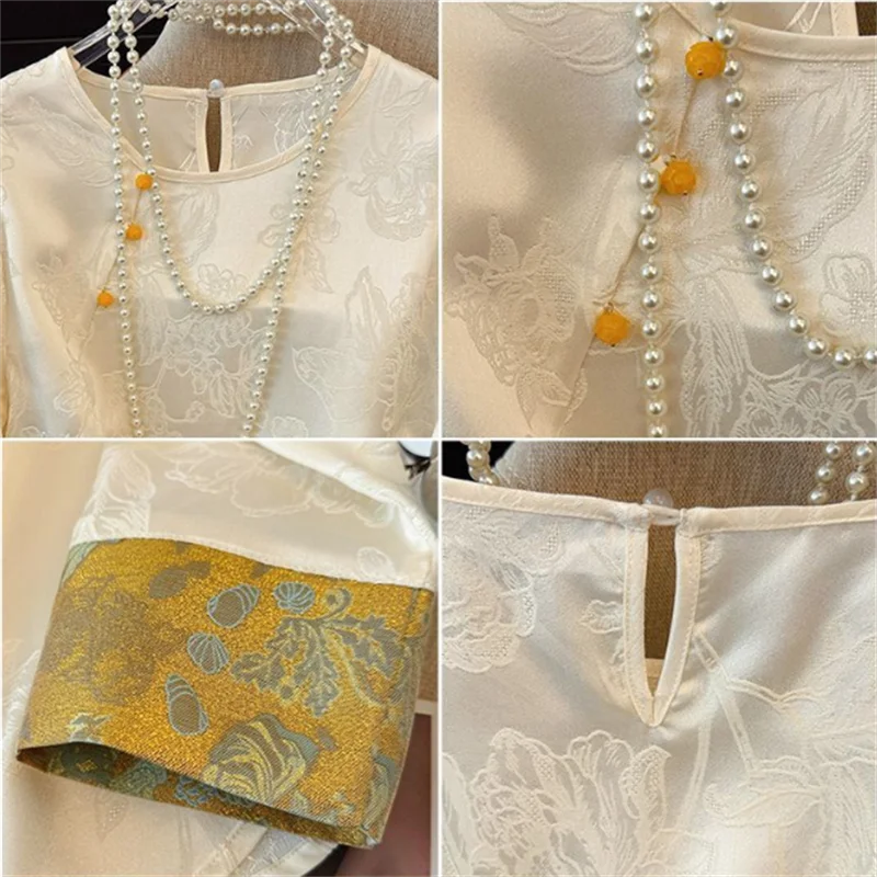 Blusa china para mujer, Top de Jacquard con cuello redondo, camisa Retro para mujer, jersey holgado de té inspirado en Zen, blusa empalmada