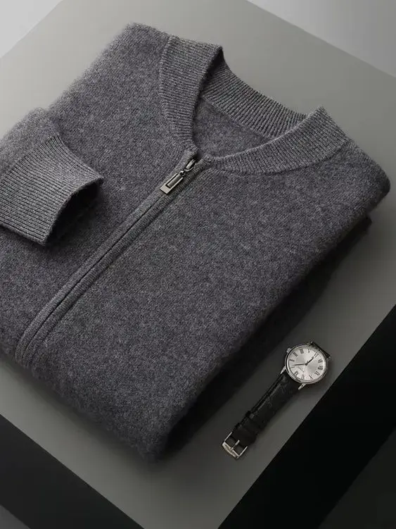 

100% Cashmere Sweater Autumn Winter Men's Clothing Luxury Style Zipper Knitted Cardigan Thick Casual Coat Solid Color Warm Tops