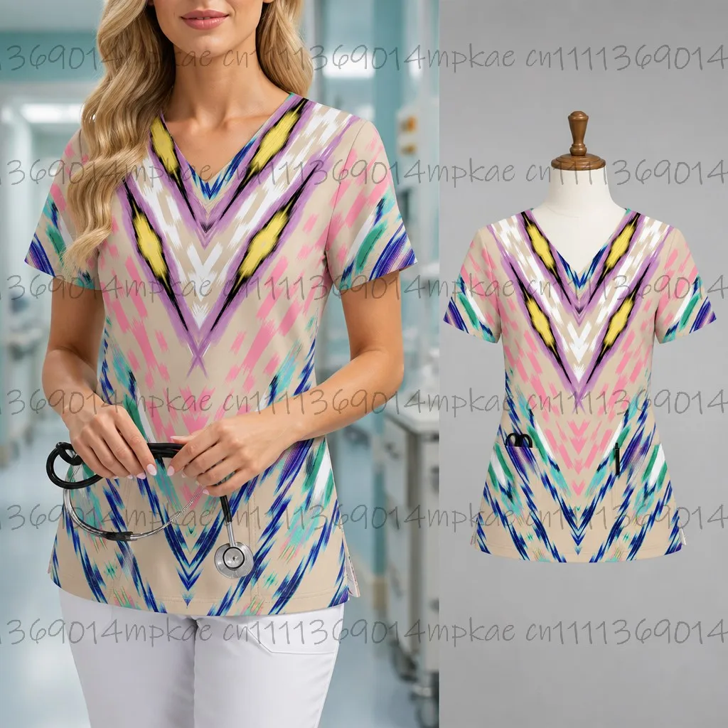 New Women's V-Neck Pocket Short-Sleeve Frosted T-Shirt, Beauty Salon Frosted Top, Geometric Print Women's Work T-Shirt - view 3