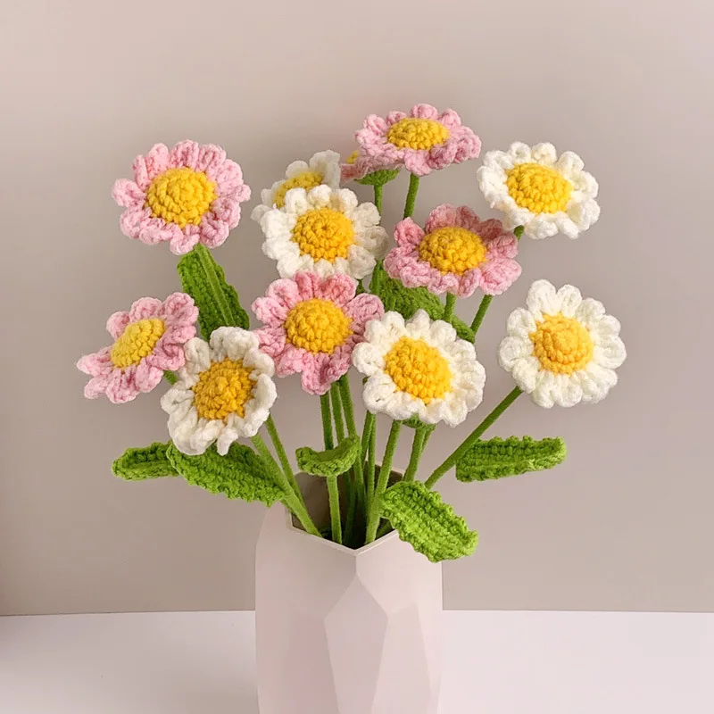 1PC Hand Knitted Daisy Flower Bouquet Crochet Woven Sunflower Weeding Party Home Decoration Knitting Yarn Artificial Flowers