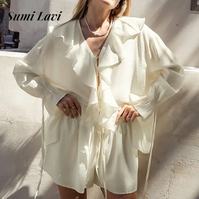 

Spring Summer Thin Loose Beach Outfit Fashion Ruffled Solid Color Women's Two Piece Set Sexy V Neck Lace Up Top and Shorts Suit