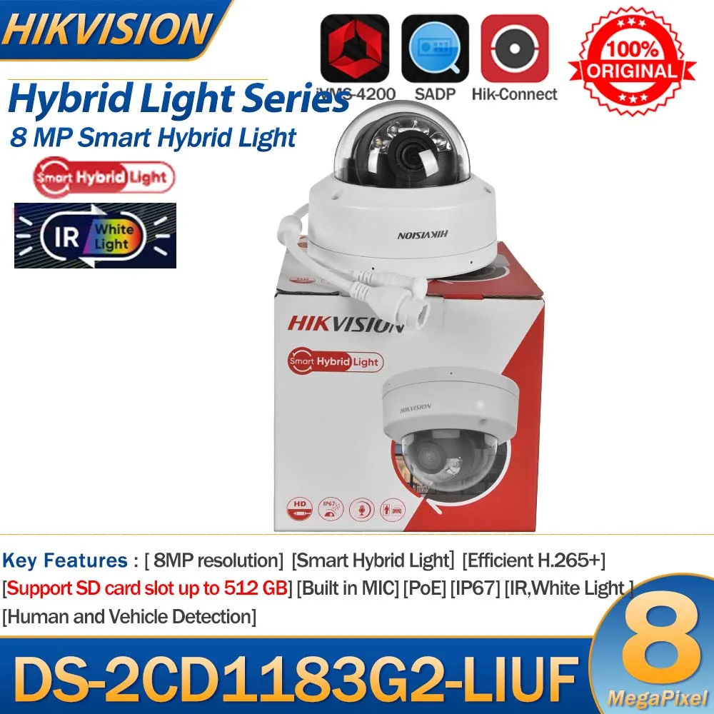 Hikvision 8MP IP Camera DS-2CD1183G2-LIUF 4K Smart Hybrid Light IR White Light Built-in Mic Dome Network Camera SD Card Slot
